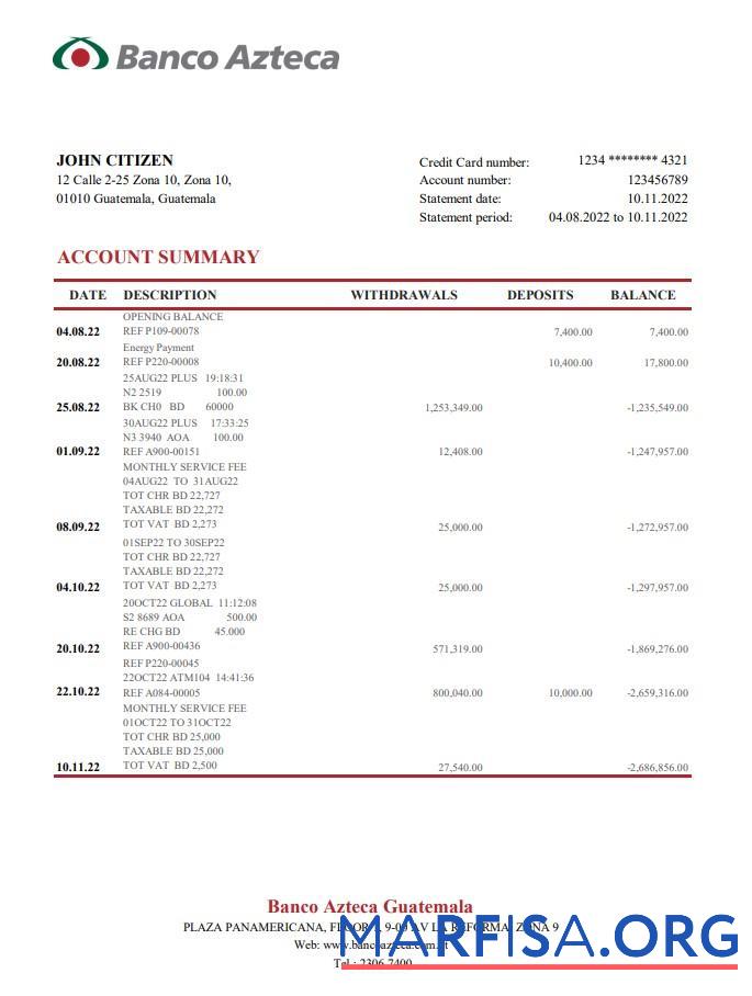Blank Guatemala Azteca bank statement excel real example
